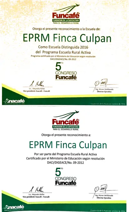 Reconocimientos de Funcafe a la escuela Finca Culpan