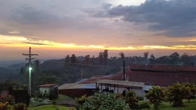 Atardecer nublado sobre las bodegas de la finca