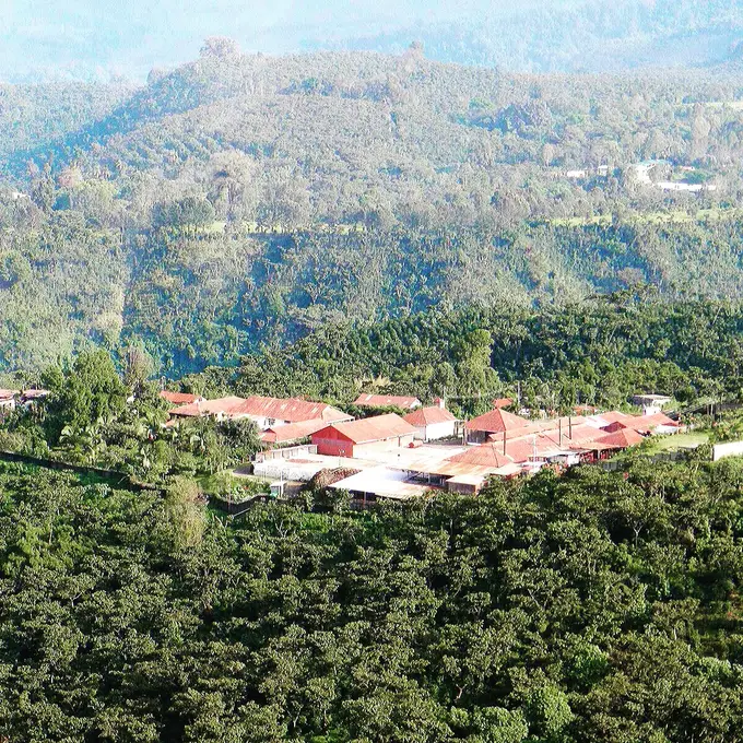 Vista lejana de las instalaciones de la finca